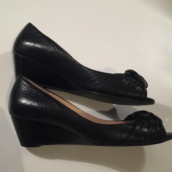 Johnston & Murphy Shoes - Johnston Murphy black leather peep toe wedge shoe